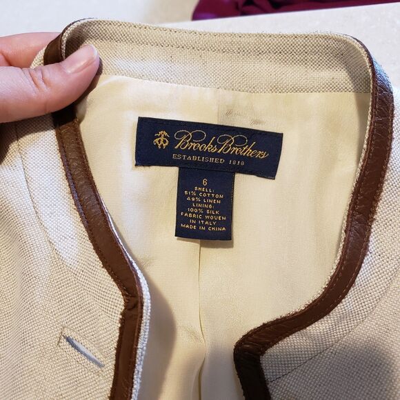 Brooks Brothers Mao Collar Tyrolean Jacket Piping Size 6 Beige Linen Blend - Picture 5 of 8